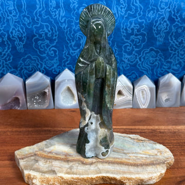 Verdant Green Moss Agate Virgin Mary/Goddess Carving from China